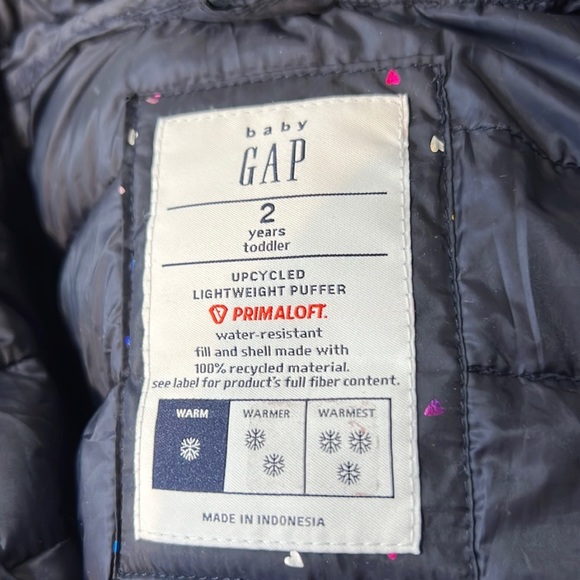 Baby Gap Lightweight Upcycled Puffer Jacket Blue with Foil Rainbow Hearts - Picture 4 of 9